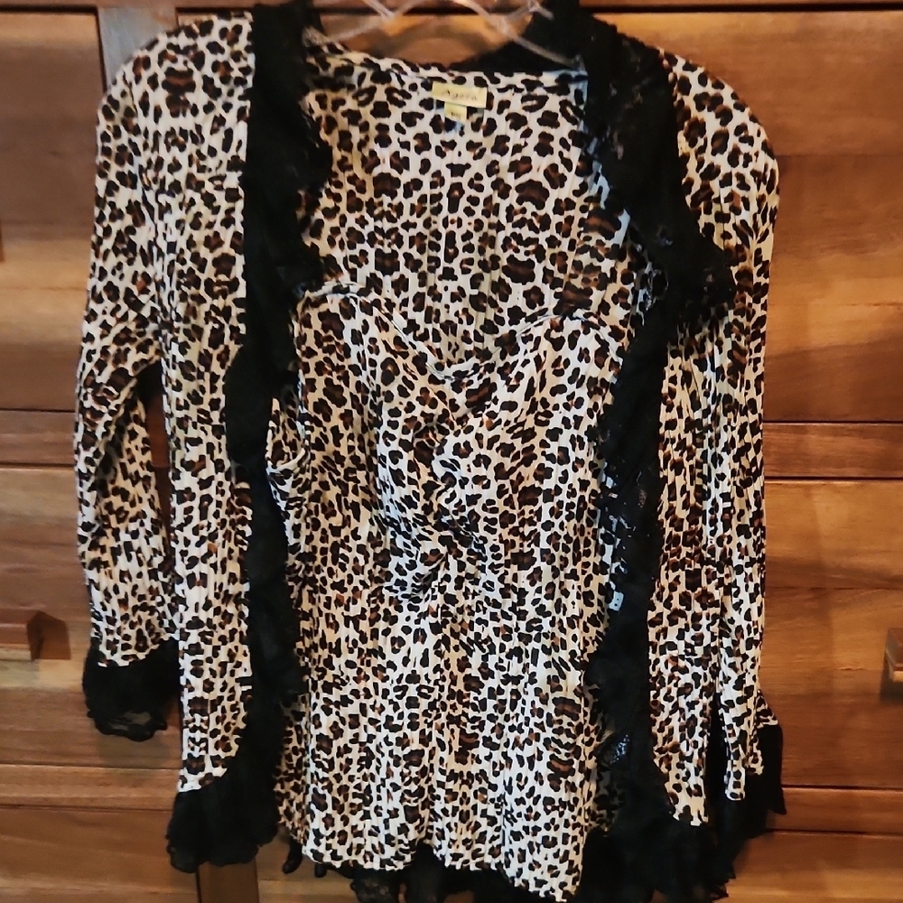 Agora Leopard Print Women's Lightweight Cami Top with Lace Trim Cardigan